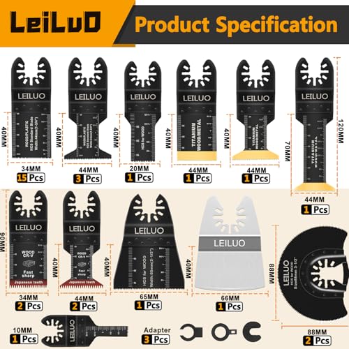 LEILUO 34 Pcs Multitool Blade Kits for Wood Nails Drywall Cutting Oscillating Saw Blades Universal Oscillating Tool Accessories with Storage Bag Compatible with DeWalt Makita Dremel and More