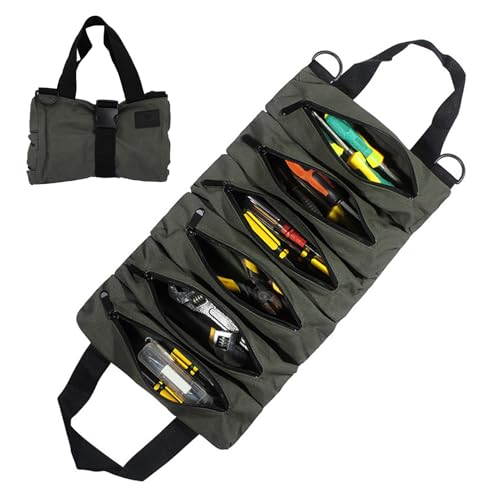Tool Roll Up Bag, Tool Roll Bag Organizer, Portable Tool Pouche 6 Zippers Pockets, Multi-Purpose Electricians Tool Roll Bag for Wrench Screwdriver Socket Pliers