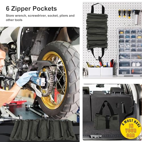 Tool Roll Up Bag, Tool Roll Bag Organizer, Portable Tool Pouche 6 Zippers Pockets, Multi-Purpose Electricians Tool Roll Bag for Wrench Screwdriver Socket Pliers