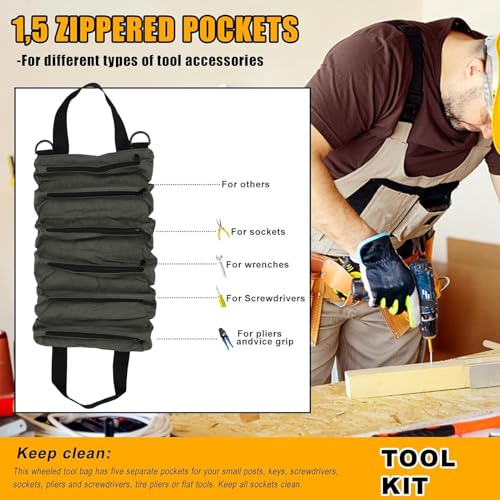 Tool Roll Up Bag, Tool Roll Bag Organizer, Portable Tool Pouche 6 Zippers Pockets, Multi-Purpose Electricians Tool Roll Bag for Wrench Screwdriver Socket Pliers