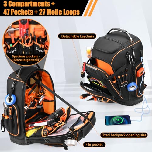 Srotek Tool Backpack Bag, HVAC Tool Bags for Men, Heavy Duty Tool Backpack for Electrician Construction Work Jobsite, Large Tool Organizer for Men with Molded Base & Combination Lock