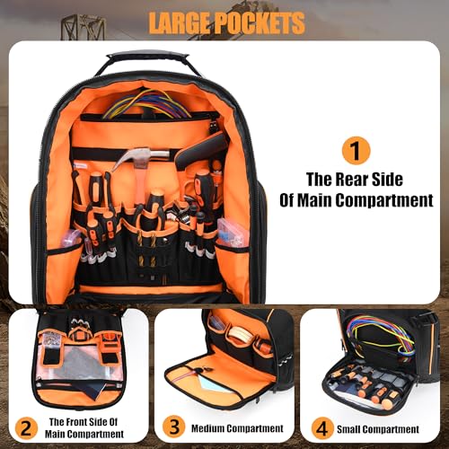 Srotek Tool Backpack Bag, HVAC Tool Bags for Men, Heavy Duty Tool Backpack for Electrician Construction Work Jobsite, Large Tool Organizer for Men with Molded Base & Combination Lock