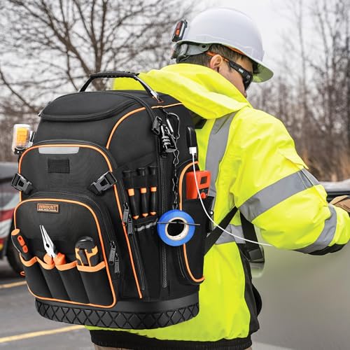 Srotek Tool Backpack Bag, HVAC Tool Bags for Men, Heavy Duty Tool Backpack for Electrician Construction Work Jobsite, Large Tool Organizer for Men with Molded Base & Combination Lock
