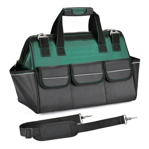 XIANGLE Tool Bag, 23 inch Tool Bag, Wide Mouth Waterproof Tools Storage Bag, Black & Green Tool Bag with Adjustable Shoulder Strap for Men/Women (1680D)