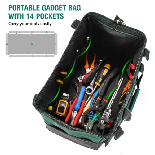 XIANGLE Tool Bag, 23 inch Tool Bag, Wide Mouth Waterproof Tools Storage Bag, Black & Green Tool Bag with Adjustable Shoulder Strap for Men/Women (1680D)