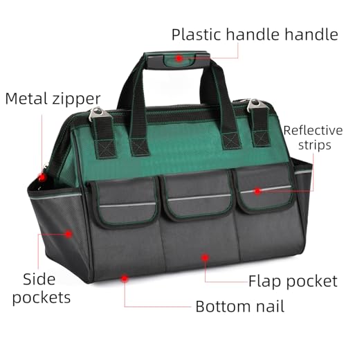 XIANGLE Tool Bag, 23 inch Tool Bag, Wide Mouth Waterproof Tools Storage Bag, Black & Green Tool Bag with Adjustable Shoulder Strap for Men/Women (1680D)