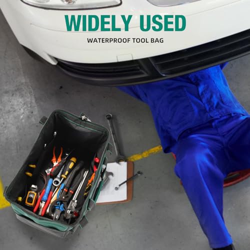 XIANGLE Tool Bag, 23 inch Tool Bag, Wide Mouth Waterproof Tools Storage Bag, Black & Green Tool Bag with Adjustable Shoulder Strap for Men/Women (1680D)