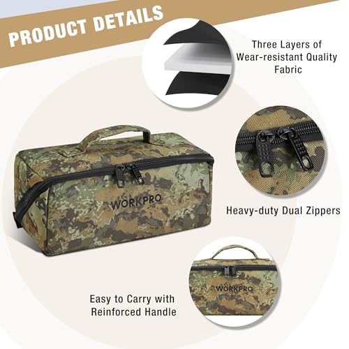 WORKPRO Tool Bag with Zipper, 10" Utility Wide Mouth Heavy Duty Tool Storage Bag, Multipurpose Zipper Tool Pouch Tote Bag for Organizer 3-pack, Camo