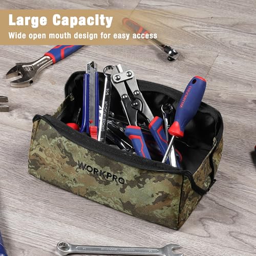 WORKPRO Tool Bag with Zipper, 10" Utility Wide Mouth Heavy Duty Tool Storage Bag, Multipurpose Zipper Tool Pouch Tote Bag for Organizer 3-pack, Camo