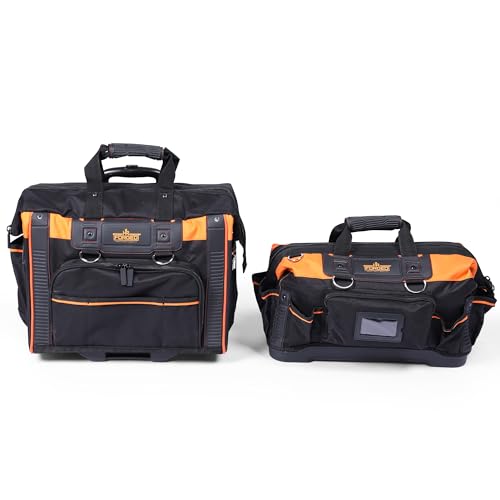 HR Forged 18" Rolling Tool Bag with wheels and Hand Carry Set, Large Mouth Heavy Duty, Multi-Pockets Storage Organizer, Orange, Black
