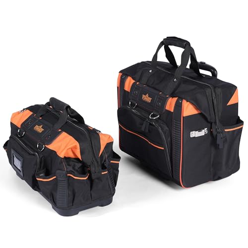 HR Forged 18" Rolling Tool Bag with wheels and Hand Carry Set, Large Mouth Heavy Duty, Multi-Pockets Storage Organizer, Orange, Black
