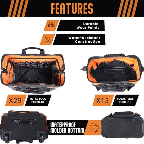 HR Forged 18" Rolling Tool Bag with wheels and Hand Carry Set, Large Mouth Heavy Duty, Multi-Pockets Storage Organizer, Orange, Black