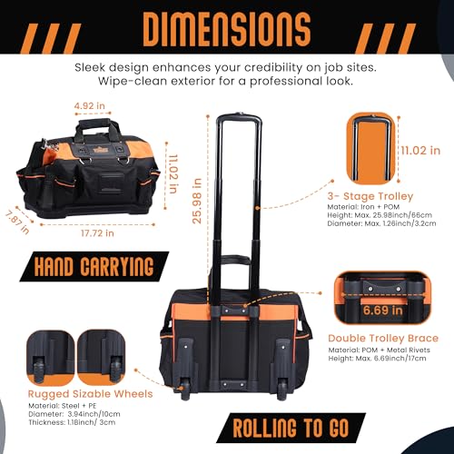 HR Forged 18" Rolling Tool Bag with wheels and Hand Carry Set, Large Mouth Heavy Duty, Multi-Pockets Storage Organizer, Orange, Black