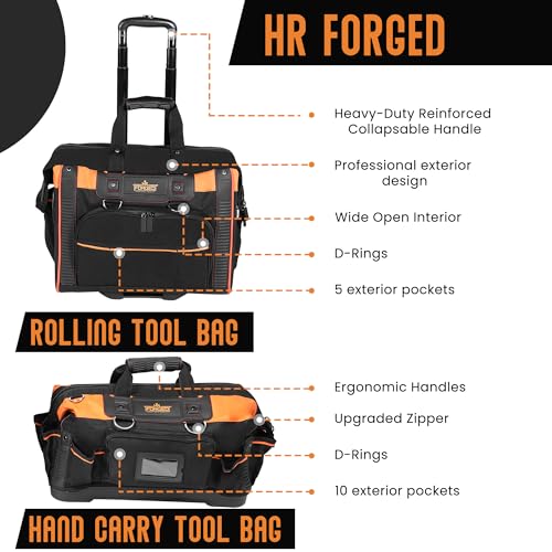 HR Forged 18" Rolling Tool Bag with wheels and Hand Carry Set, Large Mouth Heavy Duty, Multi-Pockets Storage Organizer, Orange, Black