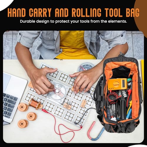 HR Forged 18" Rolling Tool Bag with wheels and Hand Carry Set, Large Mouth Heavy Duty, Multi-Pockets Storage Organizer, Orange, Black