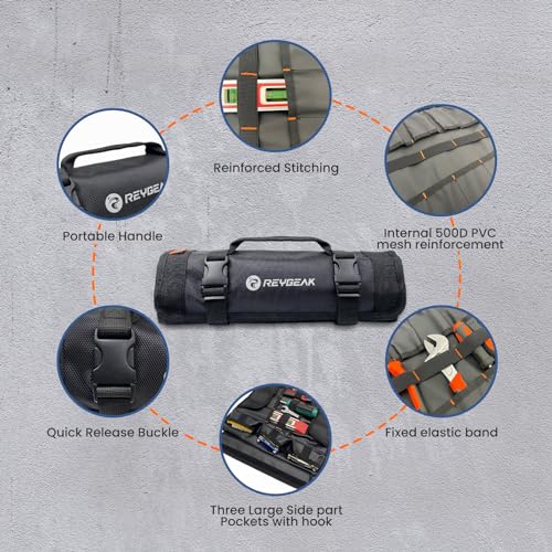 REYGEAK 25 Pocket Tool Roll Organizers,1680D PVC Wrench Roll Up Pouch,Heavy Duty Roll Up Tool Bag Organize(Black) for Electrician，Carpenter，Mechanic or Hobbyist