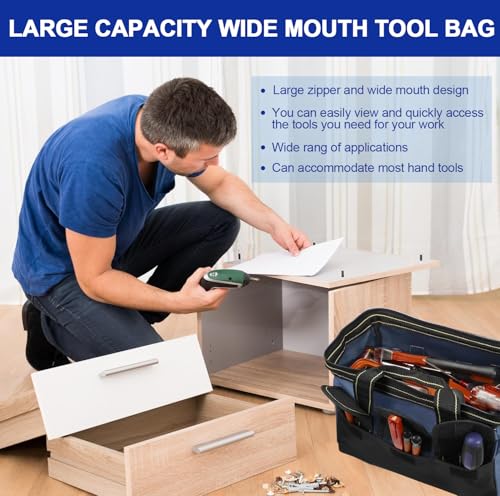 Generic Rugged 16-Inch Wide Mouth Tool Bag for Professionals, Waterproof and Durable. Great for Construction Electricians Carpentry and DIY Enthusiasts, Blue
