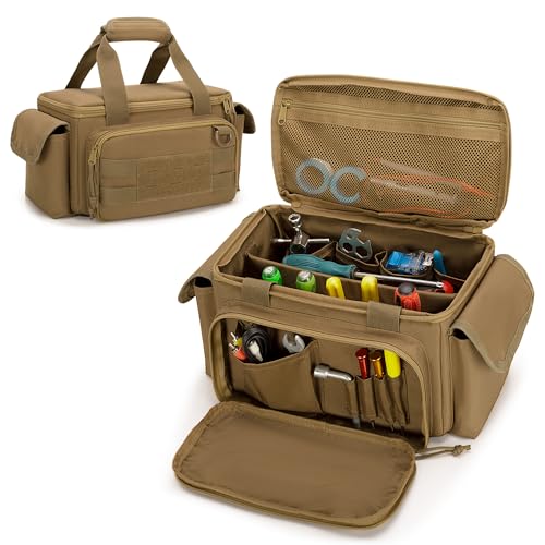 Rexmica Small Tool Bag with Anti-friction and Thick Padded Bottom, Tool Storage Organizer for Men, Tactical Bag, Range Bag, Multi-functional Work Bag for Repairman, Electrician, Carpenters (Khaki)