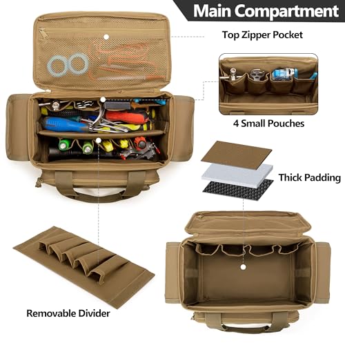 Rexmica Small Tool Bag with Anti-friction and Thick Padded Bottom, Tool Storage Organizer for Men, Tactical Bag, Range Bag, Multi-functional Work Bag for Repairman, Electrician, Carpenters (Khaki)