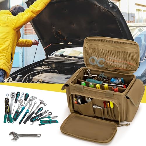Rexmica Small Tool Bag with Anti-friction and Thick Padded Bottom, Tool Storage Organizer for Men, Tactical Bag, Range Bag, Multi-functional Work Bag for Repairman, Electrician, Carpenters (Khaki)