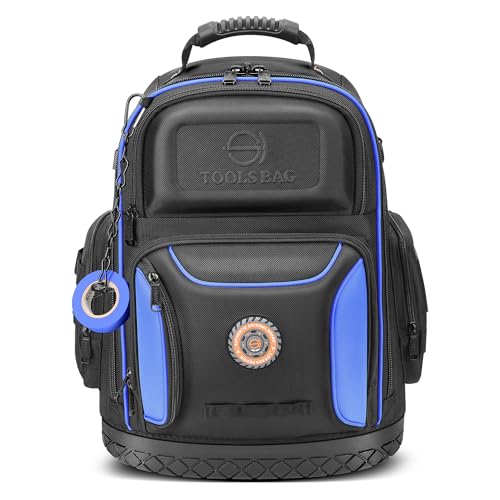 Tool Backpack Bag, Durable Electrician Backpack Tool Bag for HVAC with Waterproof Molded Base, Construction Work Heavy Duty Tools Organizer Bags with Combination Lock Large - Blue