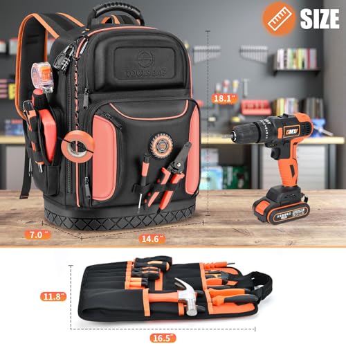 Tool Backpack Bag, Durable Electrician Backpack Tool Bag for HVAC with Waterproof Molded Base, Construction Work Heavy Duty Tools Organizer Bags with Combination Lock Large - Blue