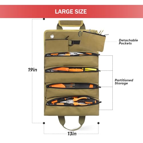 Wear-Resistant Tool Roll Bag Organizer - Durable Roll Up Tool Bag with Detachable Pockets - Portable Tool Organizers Bag for Men - Gifts for Him Mechanic Electrician