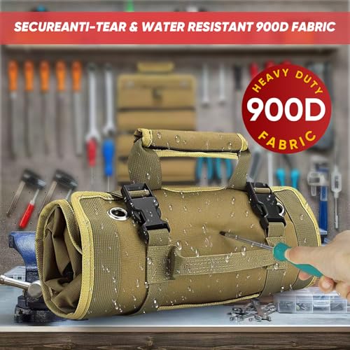 Wear-Resistant Tool Roll Bag Organizer - Durable Roll Up Tool Bag with Detachable Pockets - Portable Tool Organizers Bag for Men - Gifts for Him Mechanic Electrician