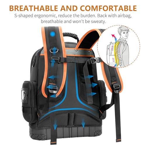 Tool Backpack Bag, Durable Electrician Backpack Tool Bag for HVAC with Waterproof Molded Base, Construction Work Heavy Duty Tools Organizer Bags with Combination Lock Large - Blue