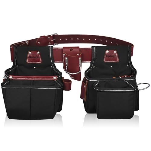 NUTUCH Nylon and Leather Tool Belt | Leather Tool Belt | Nylon Tool Pouch | Carpenter Tool Belt | Construction | Framers | Electrician Tool Belts | Drywall Tool Bags (BLACK)