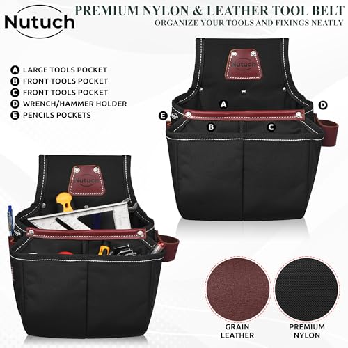 NUTUCH Nylon and Leather Tool Belt | Leather Tool Belt | Nylon Tool Pouch | Carpenter Tool Belt | Construction | Framers | Electrician Tool Belts | Drywall Tool Bags (BLACK)