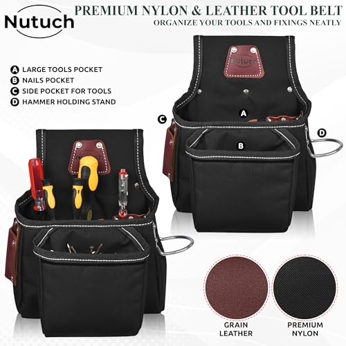 NUTUCH Nylon and Leather Tool Belt | Leather Tool Belt | Nylon Tool Pouch | Carpenter Tool Belt | Construction | Framers | Electrician Tool Belts | Drywall Tool Bags (BLACK)
