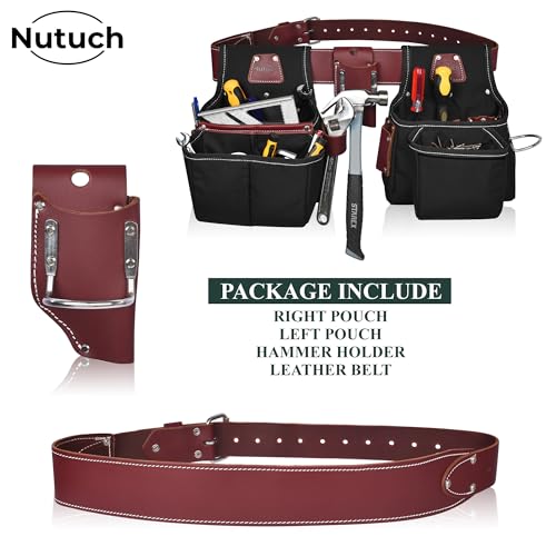 NUTUCH Nylon and Leather Tool Belt | Leather Tool Belt | Nylon Tool Pouch | Carpenter Tool Belt | Construction | Framers | Electrician Tool Belts | Drywall Tool Bags (BLACK)