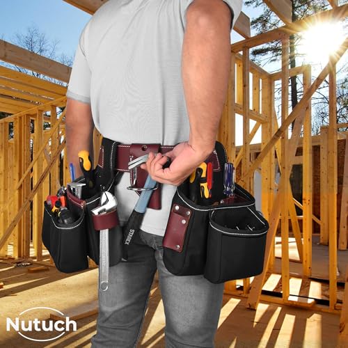 NUTUCH Nylon and Leather Tool Belt | Leather Tool Belt | Nylon Tool Pouch | Carpenter Tool Belt | Construction | Framers | Electrician Tool Belts | Drywall Tool Bags (BLACK)