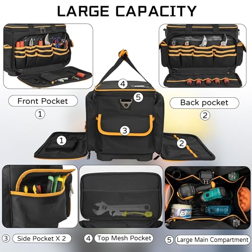 OUUTMEE 16 Inch Tool Bag with Waterproof Soft Bottom, Large Multi-Pockets Tool Tote Organizer with Adjustable Shoulder Strap