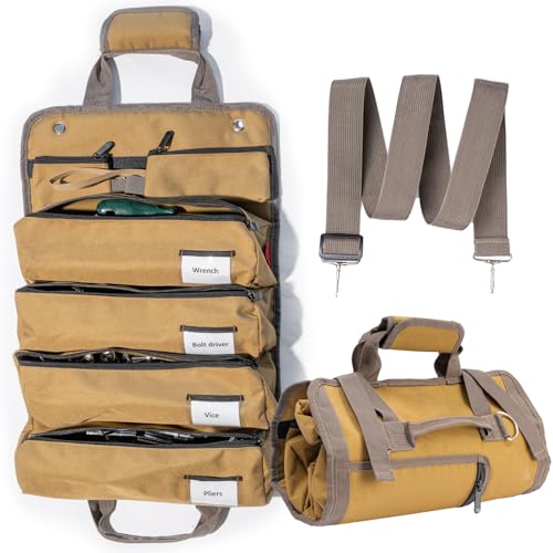 Tool Bag Roll UP, Heavy Duty Tool Organizer for Men, Portable Tool Storage Box with 2 Detachable Zipper Pouch, Waterproof Tool Storage for Motorcycle, Truck, Electrician, Mechanics