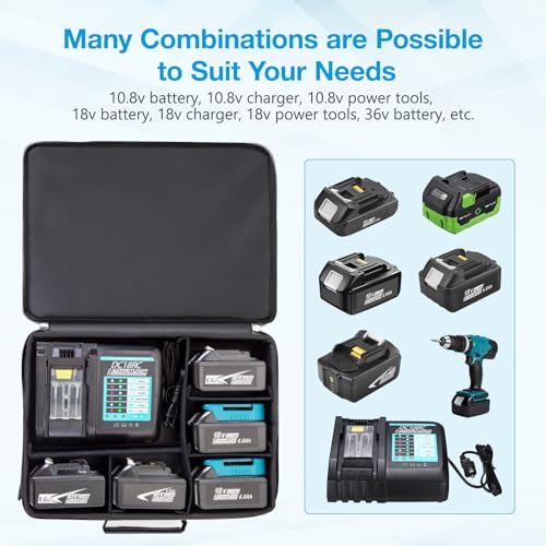 UTRBATT Portable Tool Battery Hard Carrying Case fits for Dewalt/Milwaukee/Makita/Ryobi 12V/18V/20V Battery & Charger,Power Tool Box Storage Bag With Adjustable Dividers (Bag-Only)-Black