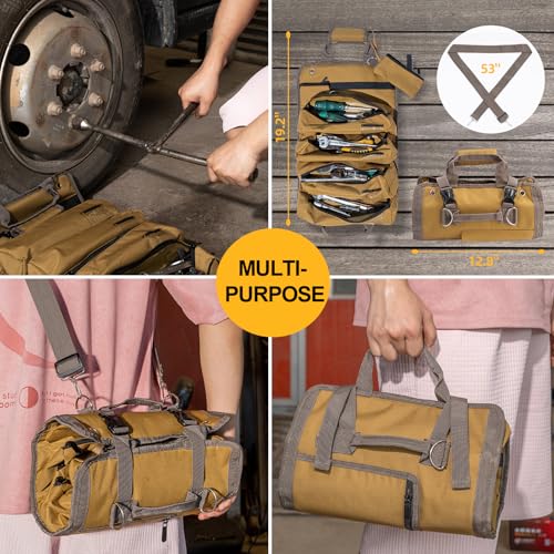 Tool Bag Roll UP, Heavy Duty Tool Organizer for Men, Portable Tool Storage Box with 2 Detachable Zipper Pouch, Waterproof Tool Storage for Motorcycle, Truck, Electrician, Mechanics