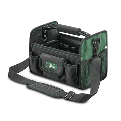 11 Inch Small Tool Bag, Open Top Tool Tote with Stainless Steel Handle and Adjustable Shoulder Strap,Electrician Tool Bag,Black/Green