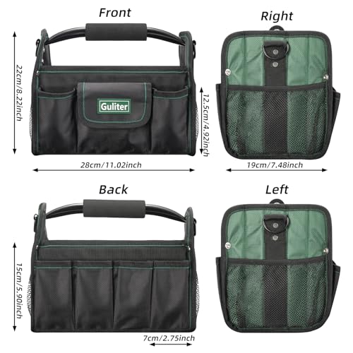 11 Inch Small Tool Bag, Open Top Tool Tote with Stainless Steel Handle and Adjustable Shoulder Strap,Electrician Tool Bag,Black/Green