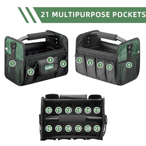 11 Inch Small Tool Bag, Open Top Tool Tote with Stainless Steel Handle and Adjustable Shoulder Strap,Electrician Tool Bag,Black/Green