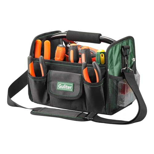 11 Inch Small Tool Bag, Open Top Tool Tote with Stainless Steel Handle and Adjustable Shoulder Strap,Electrician Tool Bag,Black/Green