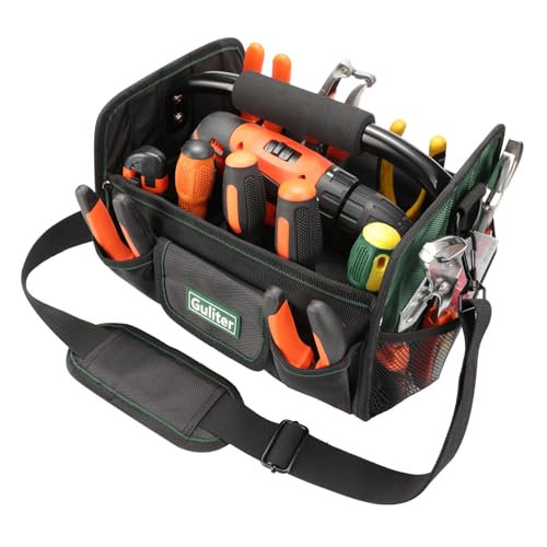 11 Inch Small Tool Bag, Open Top Tool Tote with Stainless Steel Handle and Adjustable Shoulder Strap,Electrician Tool Bag,Black/Green