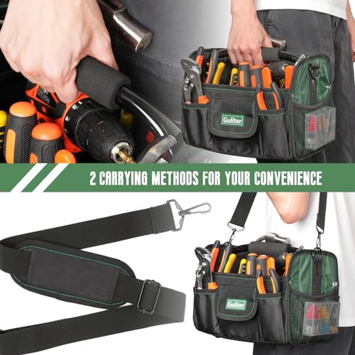 11 Inch Small Tool Bag, Open Top Tool Tote with Stainless Steel Handle and Adjustable Shoulder Strap,Electrician Tool Bag,Black/Green