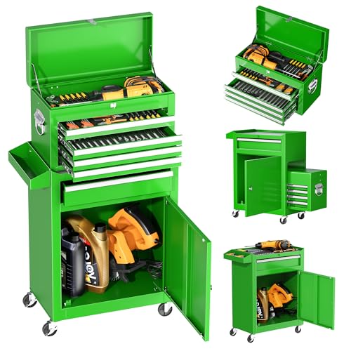 INTERGREAT 5 Drawer Tool Chest with Wheels, Rolling Tool Chest with Drawers, Tool Storage Organizer Cabinet with Lock&Key for Garage, Workshop (Green)