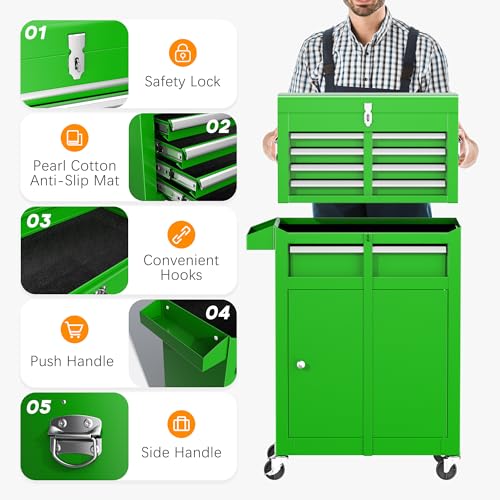 INTERGREAT 5 Drawer Tool Chest with Wheels, Rolling Tool Chest with Drawers, Tool Storage Organizer Cabinet with Lock&Key for Garage, Workshop (Green)
