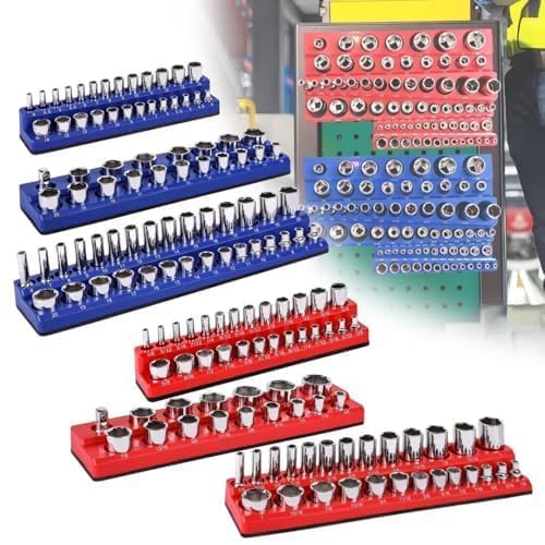 Socket Organizer 6Pcs Magnetic Socket Organizer Set 1/4", 3/8", 1/2" Drive SAE Metric Socket Trays Socket Holder 143pcs Standard Size and Deep Size Magnetic Sockets Organizer(Socket not Included)