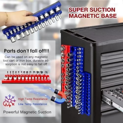 Socket Organizer 6Pcs Magnetic Socket Organizer Set 1/4", 3/8", 1/2" Drive SAE Metric Socket Trays Socket Holder 143pcs Standard Size and Deep Size Magnetic Sockets Organizer(Socket not Included)