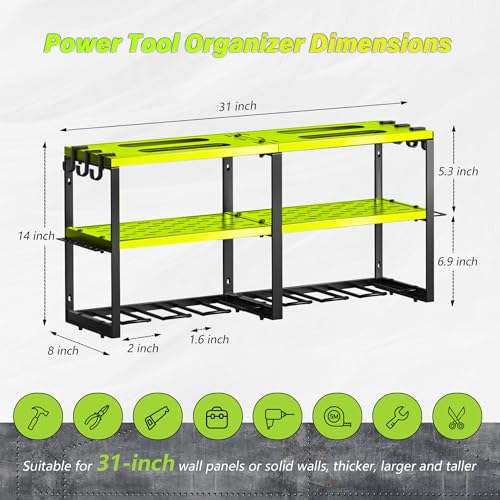 Heavy Duty Metal Power Tool Organizer, 8 Drill Bit Holders Wall Mount, Easy to Install Garage Tool Rack with Pliers and Hammer Holders for Workshop, Shed and Garage Organization Storage - Green