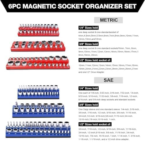 Socket Organizer 6Pcs Magnetic Socket Organizer Set 1/4", 3/8", 1/2" Drive SAE Metric Socket Trays Socket Holder 143pcs Standard Size and Deep Size Magnetic Sockets Organizer(Socket not Included)